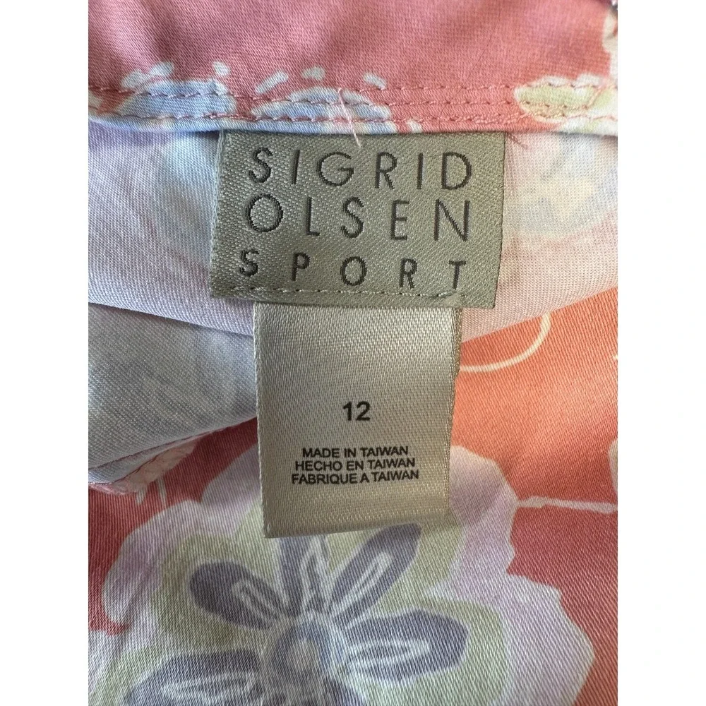 Sigrid Olsen Floral V-Neck Mini Dress Coral Pink Lace Trim Sleeveless Athleisure